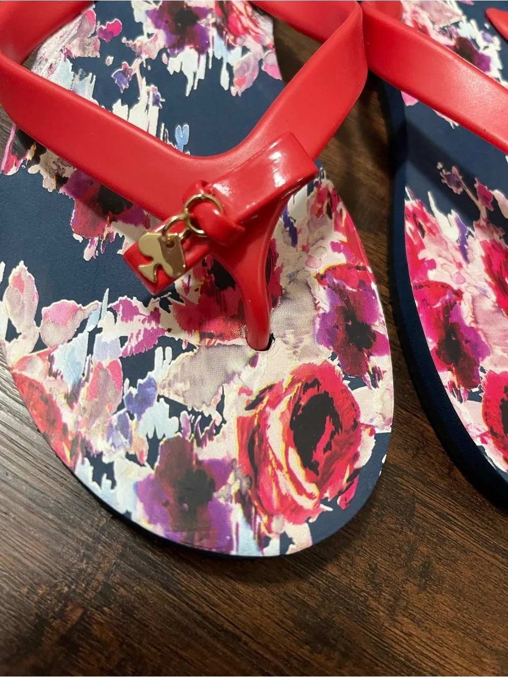 KATE SPADE Nova Floral Print Flip Flops Flat Sandals Navy Red Thongs Size 7-8 M